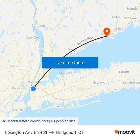 Lexington Av / E 34 St to Bridgeport, CT map