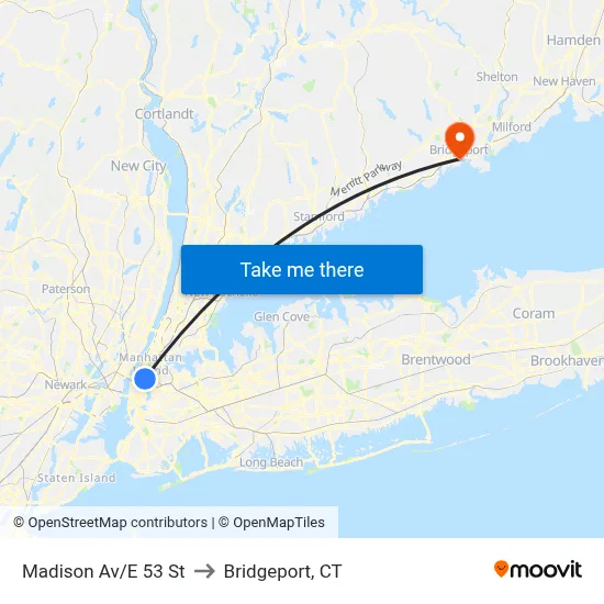 Madison Av/E 53 St to Bridgeport, CT map