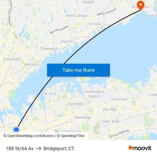 188 St/64 Av to Bridgeport, CT map