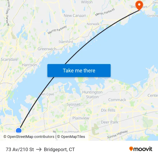 73 Av/210 St to Bridgeport, CT map