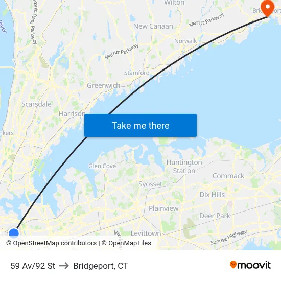 59 Av/92 St to Bridgeport, CT map