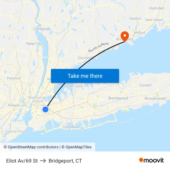 Eliot Av/69 St to Bridgeport, CT map