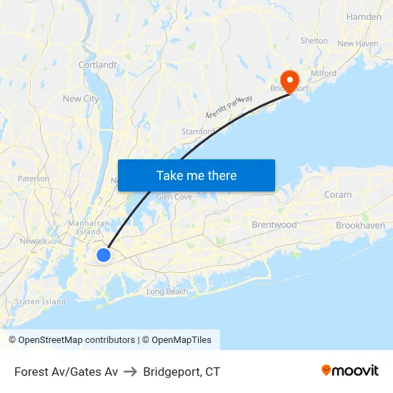 Forest Av/Gates Av to Bridgeport, CT map