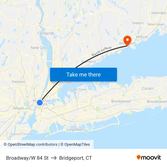 Broadway/W 84 St to Bridgeport, CT map
