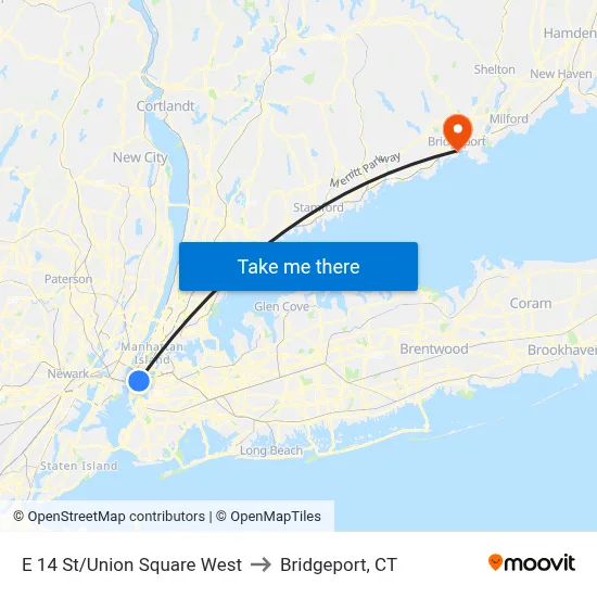 E 14 St/Union Square West to Bridgeport, CT map