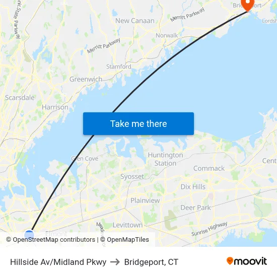 Hillside Av/Midland Pkwy to Bridgeport, CT map