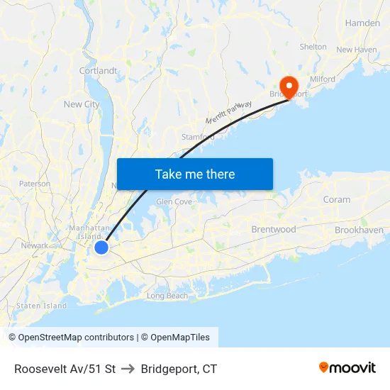 Roosevelt Av/51 St to Bridgeport, CT map