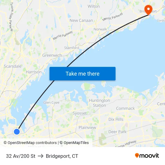 32 Av/200 St to Bridgeport, CT map