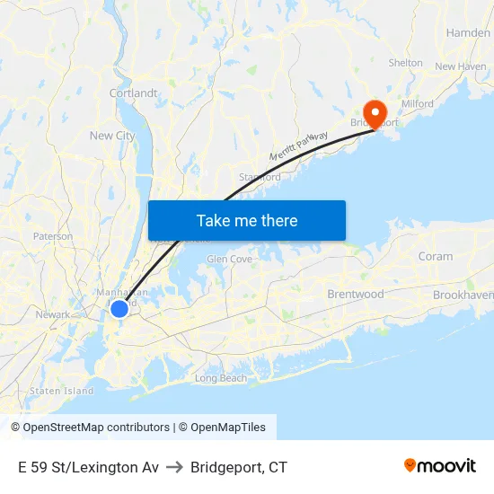 E 59 St/Lexington Av to Bridgeport, CT map