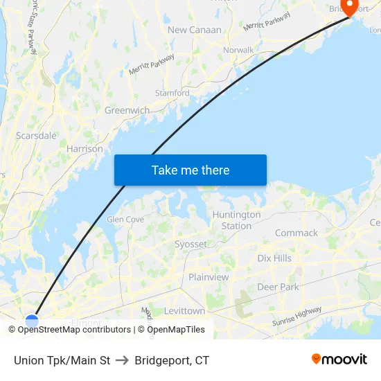 Union Tpk/Main St to Bridgeport, CT map