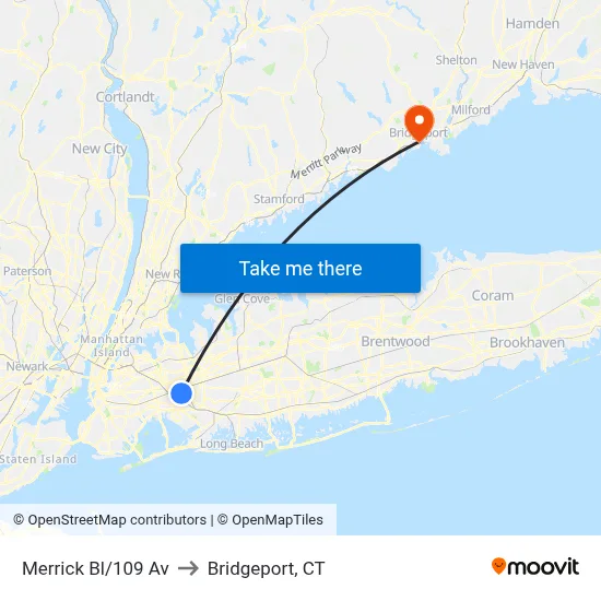 Merrick Bl/109 Av to Bridgeport, CT map