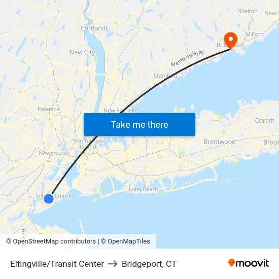 Eltingville/Transit Center to Bridgeport, CT map