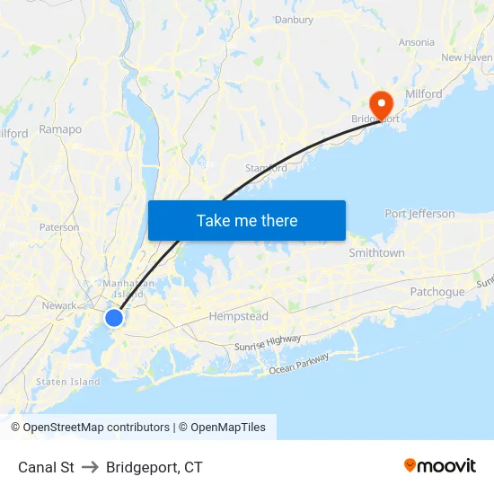 Canal St to Bridgeport, CT map