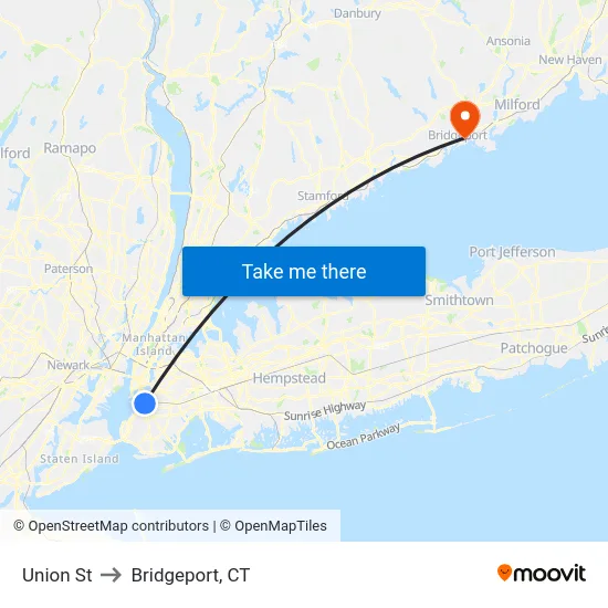 Union St to Bridgeport, CT map