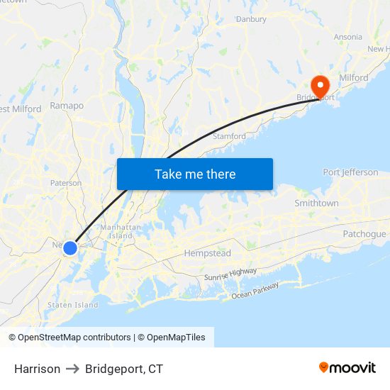 Harrison to Bridgeport, CT map