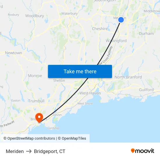 Meriden to Bridgeport, CT map