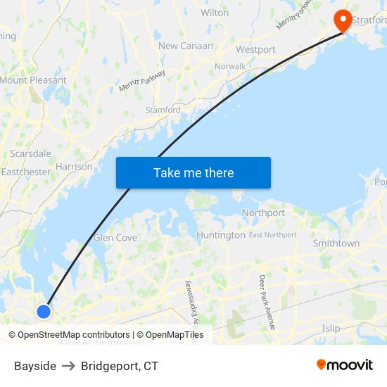 Bayside to Bridgeport, CT map