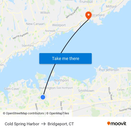 Cold Spring Harbor to Bridgeport, CT map