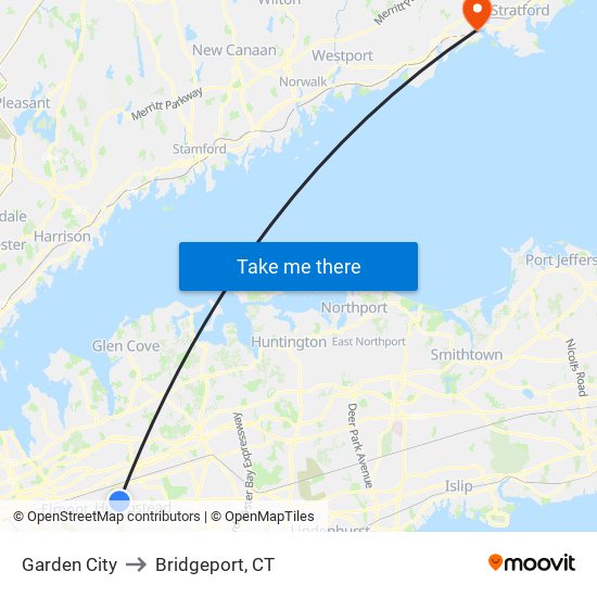 Garden City to Bridgeport, CT map