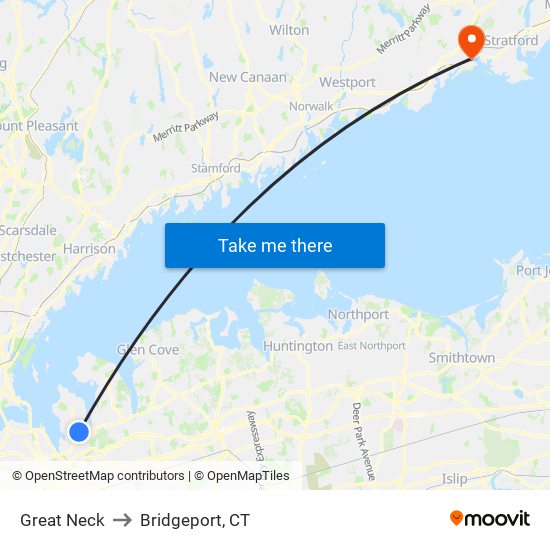 Great Neck to Bridgeport, CT map