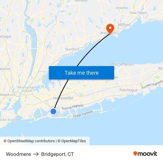 Woodmere to Bridgeport, CT map