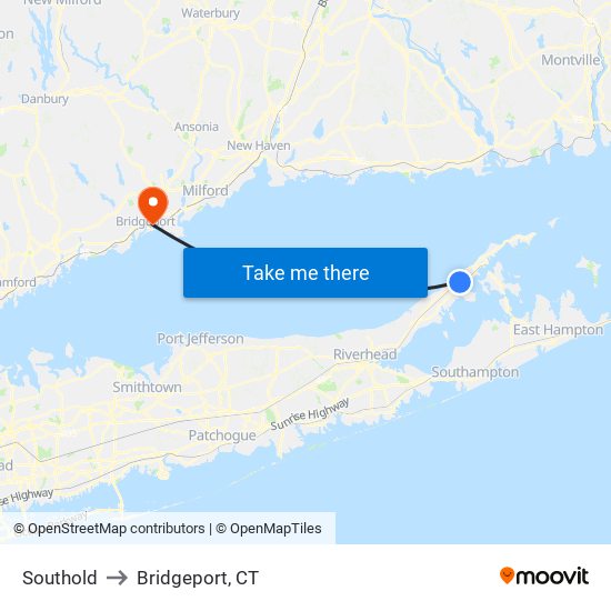 Southold to Bridgeport, CT map