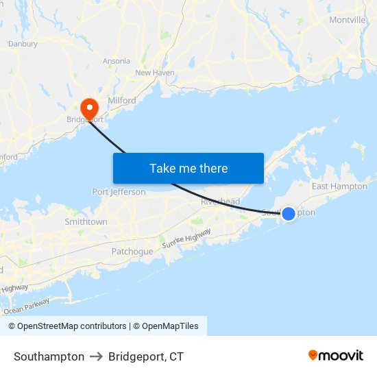 Southampton to Bridgeport, CT map