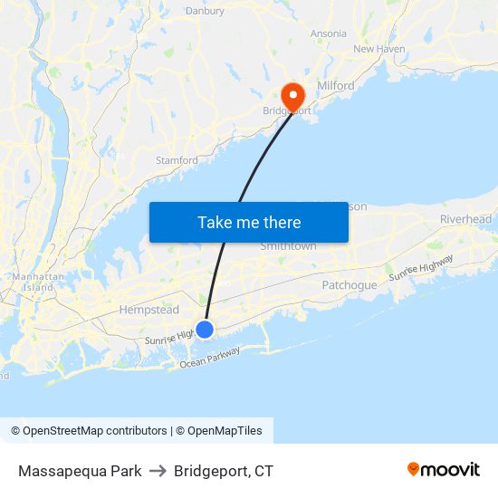 Massapequa Park to Bridgeport, CT map