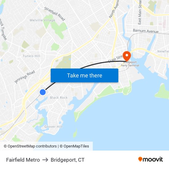 Fairfield Metro to Bridgeport, CT map