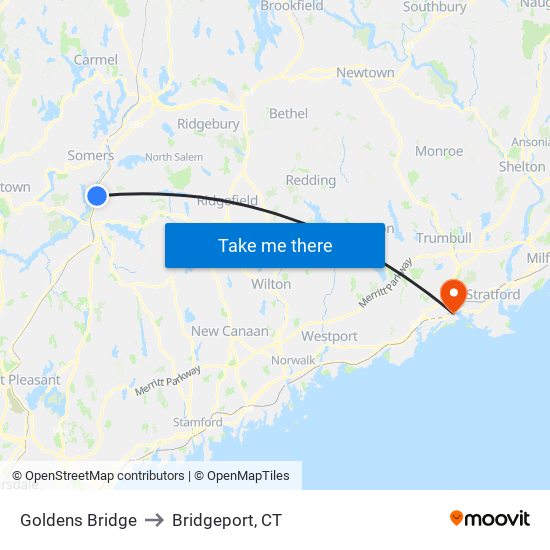 Goldens Bridge to Bridgeport, CT map