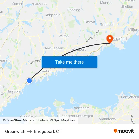 Greenwich to Bridgeport, CT map