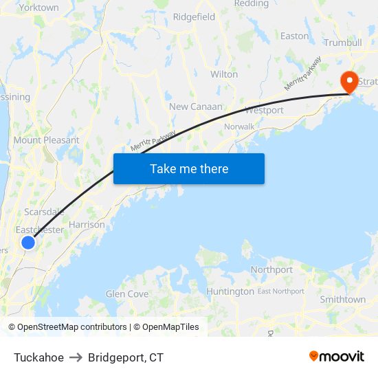 Tuckahoe to Bridgeport, CT map