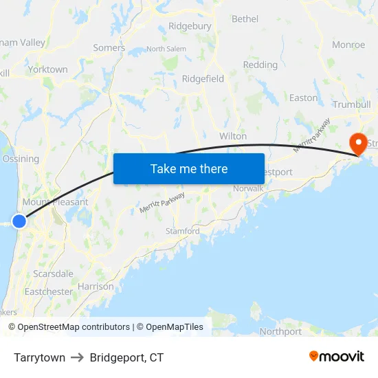 Tarrytown to Bridgeport, CT map