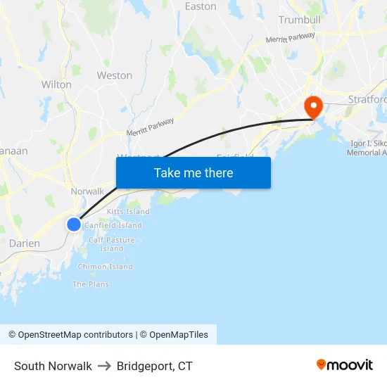 South Norwalk to Bridgeport, CT map