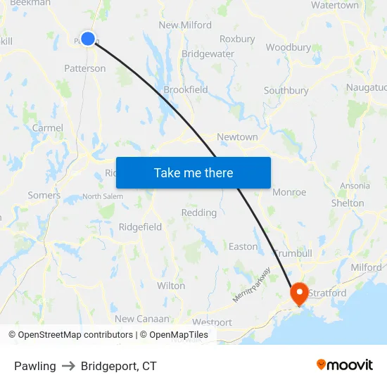 Pawling to Bridgeport, CT map