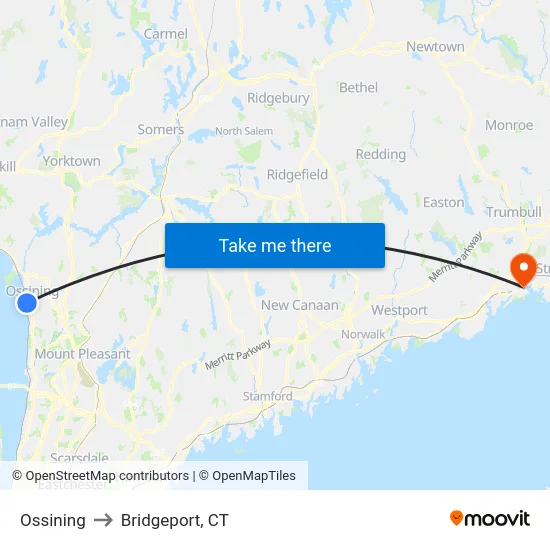 Ossining to Bridgeport, CT map