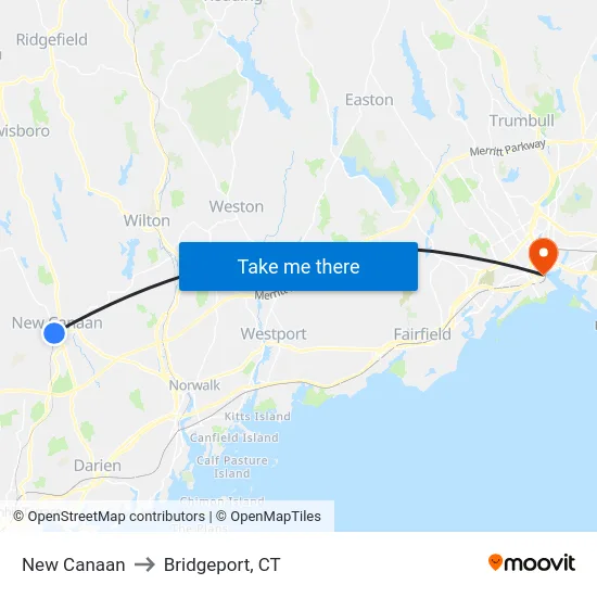 New Canaan to Bridgeport, CT map