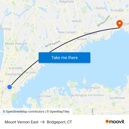 Mount Vernon East to Bridgeport, CT map