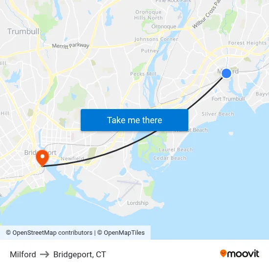 Milford to Bridgeport, CT map