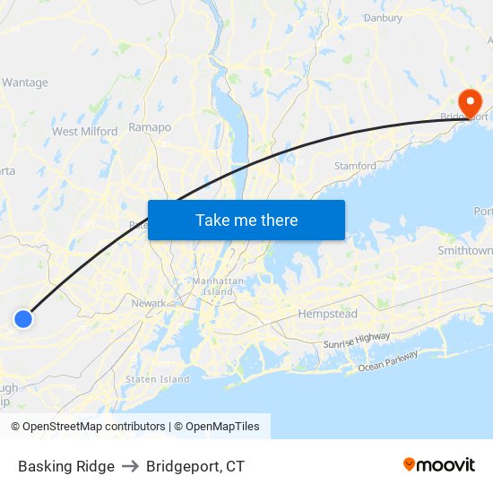 Basking Ridge to Bridgeport, CT map