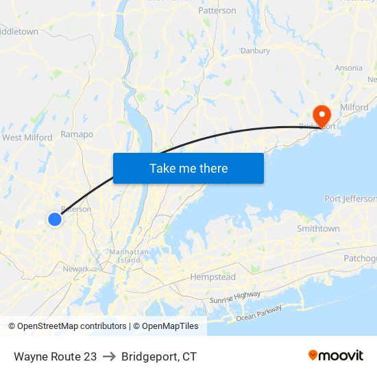 Wayne Route 23 to Bridgeport, CT map