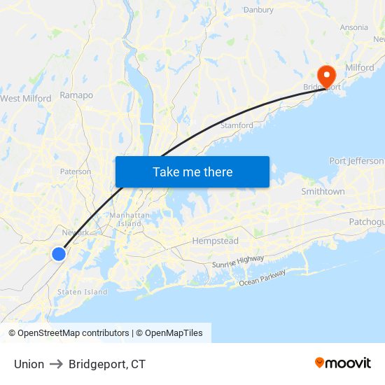 Union to Bridgeport, CT map