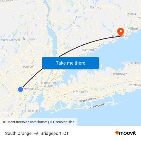 South Orange to Bridgeport, CT map