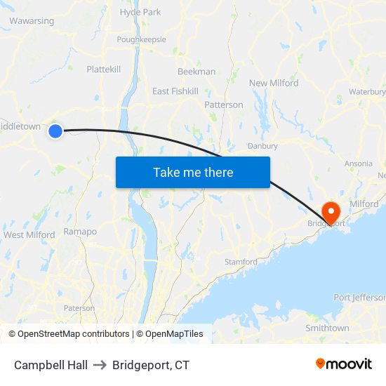 Campbell Hall to Bridgeport, CT map