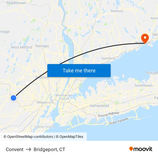 Convent to Bridgeport, CT map