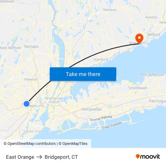 East Orange to Bridgeport, CT map