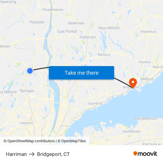 Harriman to Bridgeport, CT map