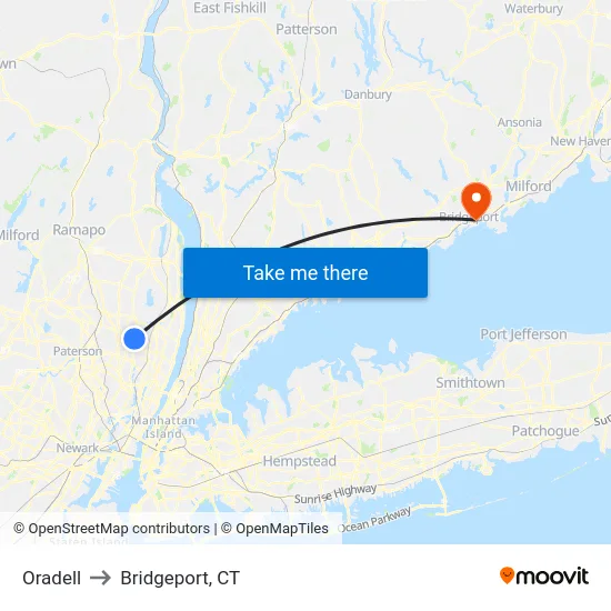 Oradell to Bridgeport, CT map