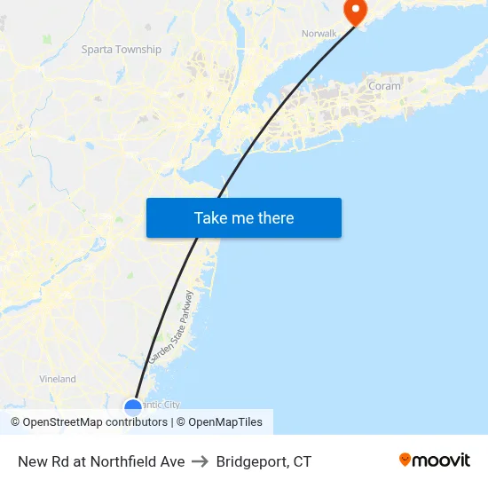 New Rd at Northfield Ave to Bridgeport, CT map