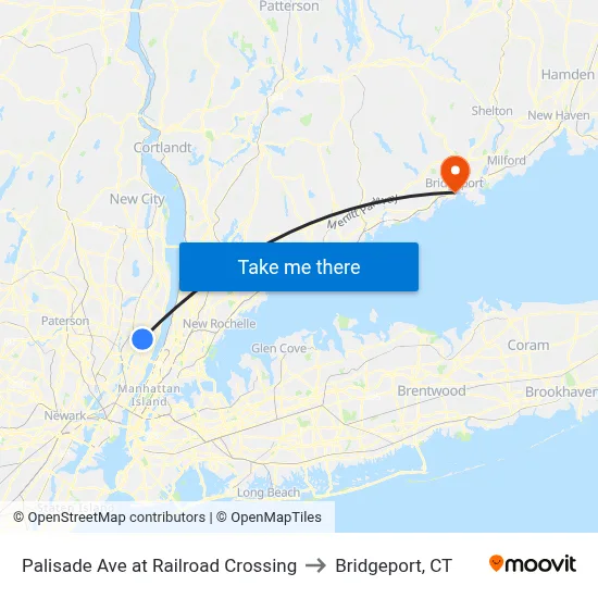 Palisade Ave at Railroad Crossing to Bridgeport, CT map